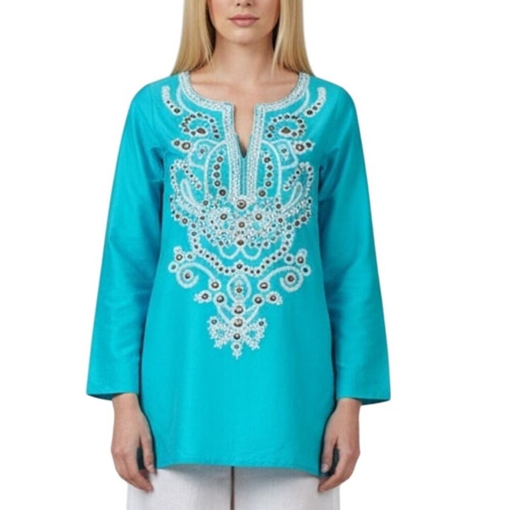 NWT Sachin & Babi Silk Cleopatra Beaded Tunic Top Turquoise Aqua XS Boho Resort